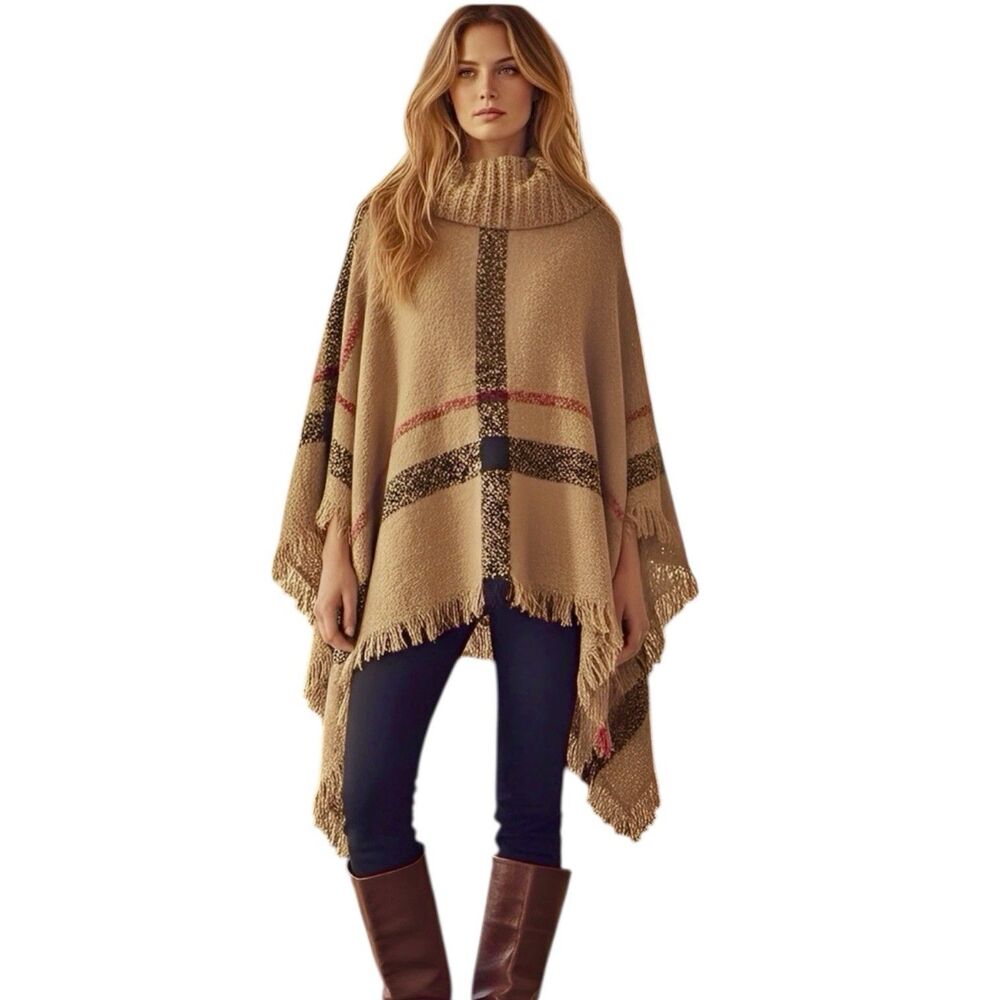 Womens Poncho One Sz Blanket Shawl Fall Autumn Brown Neutral Cozy Equestrian